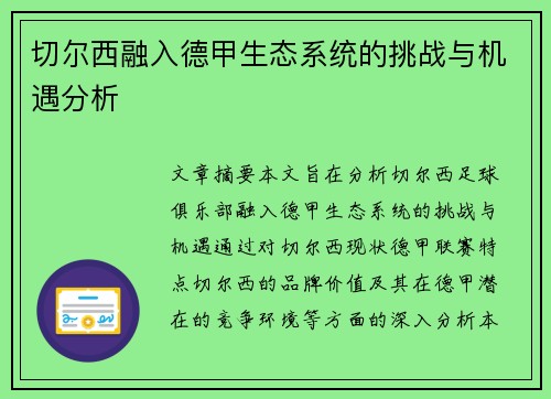 切尔西融入德甲生态系统的挑战与机遇分析