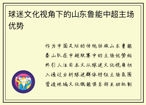 球迷文化视角下的山东鲁能中超主场优势