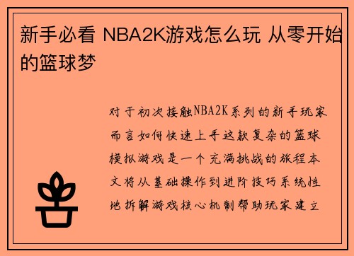 新手必看 NBA2K游戏怎么玩 从零开始的篮球梦